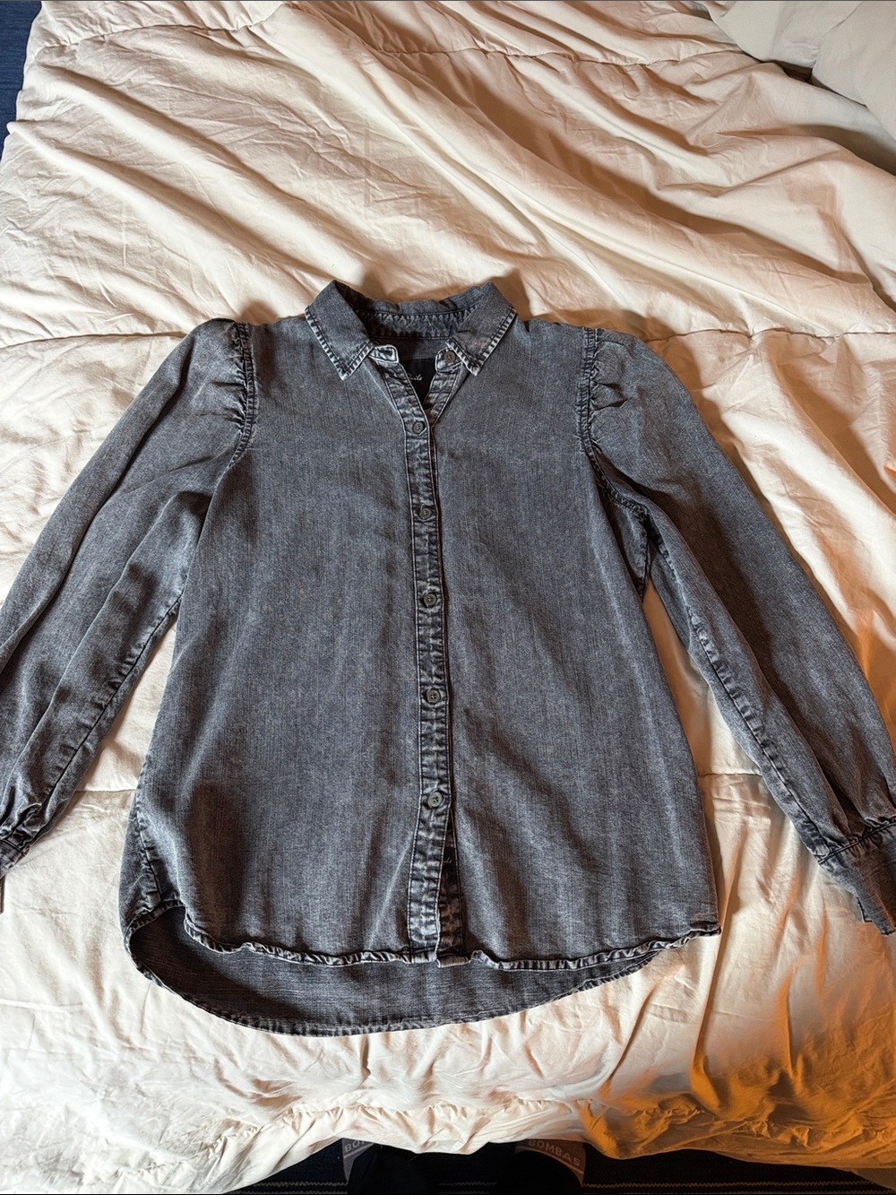 Puff sleeve Washed Black Denim Button-Up Shirt